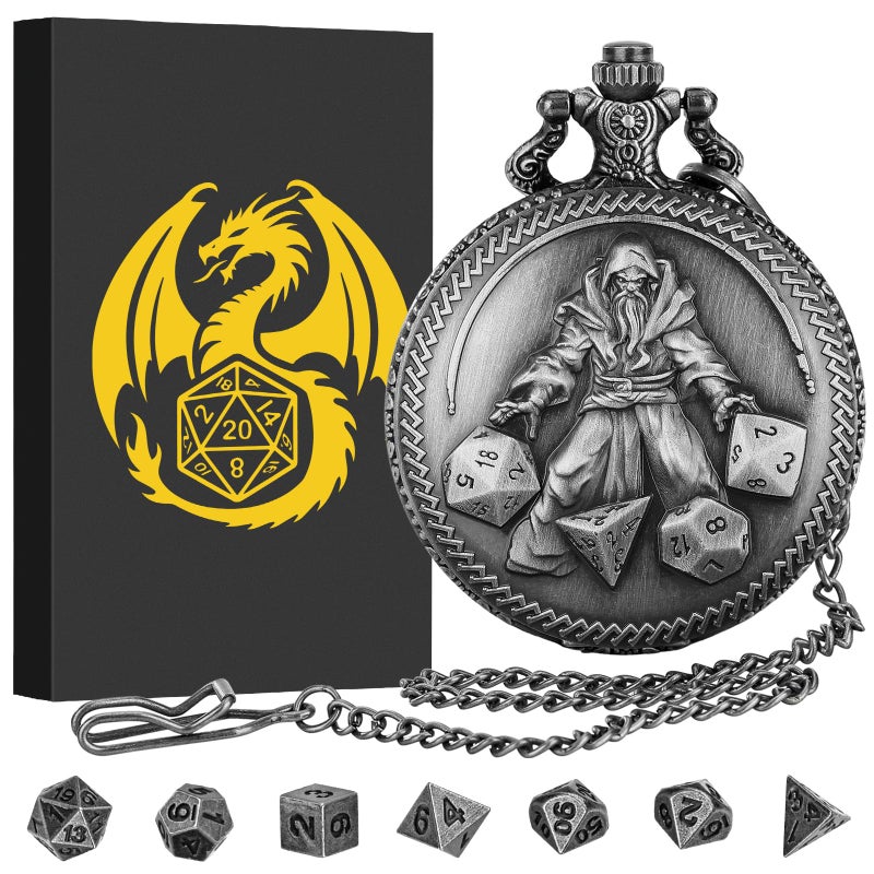 Keller & Weber Mini DND Dice Set Hand Held Dice Wizard Pocket Watch Shell Case 7 Piece Polyhedral Metal DD Dice Set DND Gifts with Gift Box Role Playing Board Game Accessories Dark Silver - Image 3