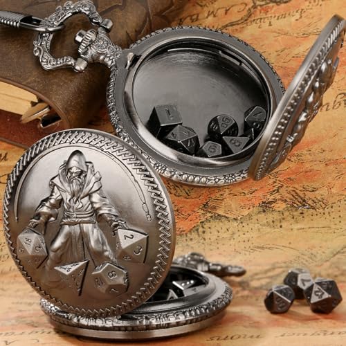 Keller & Weber Mini DND Dice Set Hand Held Dice Wizard Pocket Watch Shell Case 7 Piece Polyhedral Metal DD Dice Set DND Gifts with Gift Box Role Playing Board Game Accessories Dark Silver - Image 5