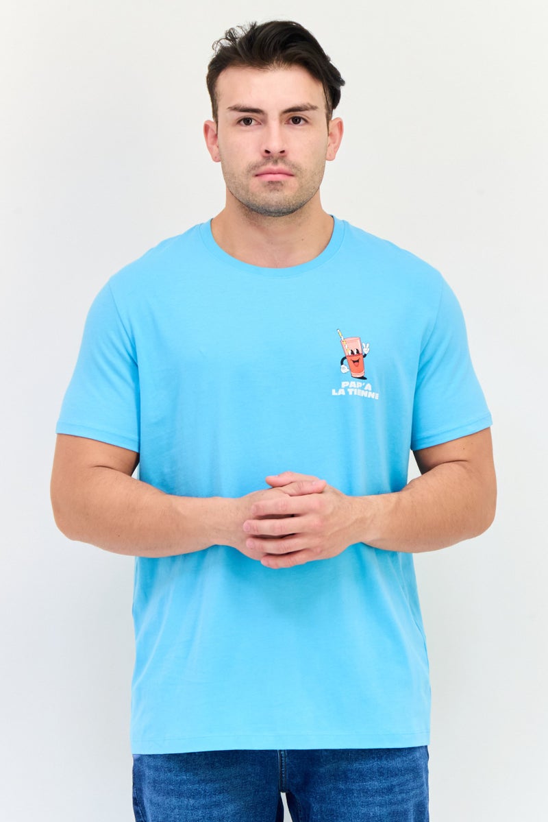 Celio تي شيرت رجالي بأكمام قصيرة وياقة دائرية، مطبوع برسومات، تركواز - Image 1