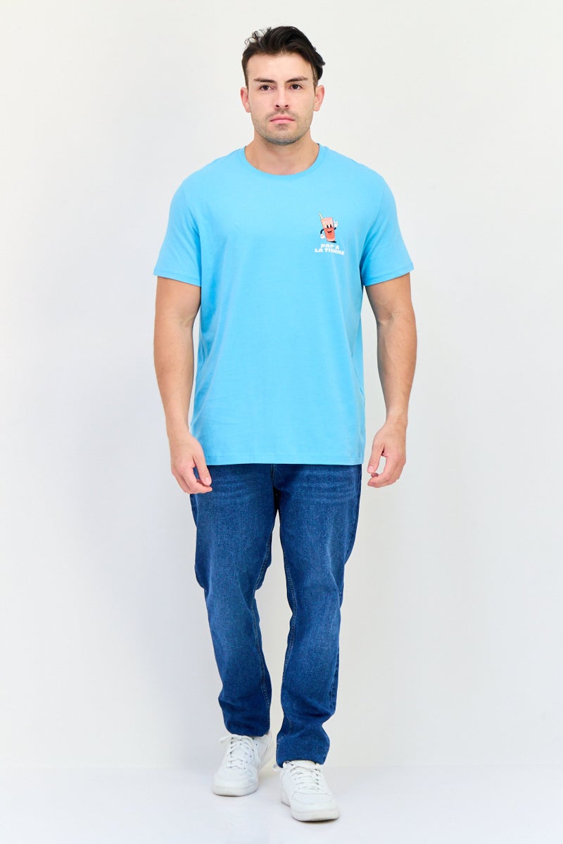 Celio تي شيرت رجالي بأكمام قصيرة وياقة دائرية، مطبوع برسومات، تركواز - Image 3