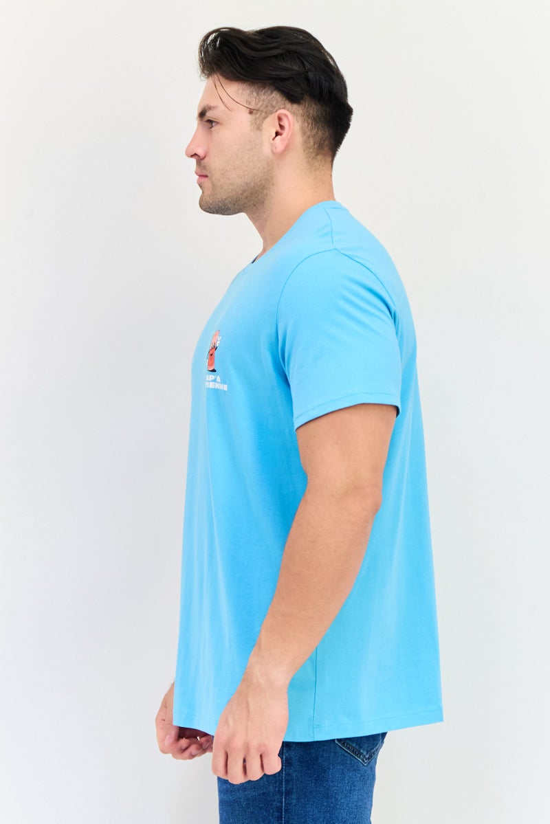 Celio تي شيرت رجالي بأكمام قصيرة وياقة دائرية، مطبوع برسومات، تركواز - Image 2