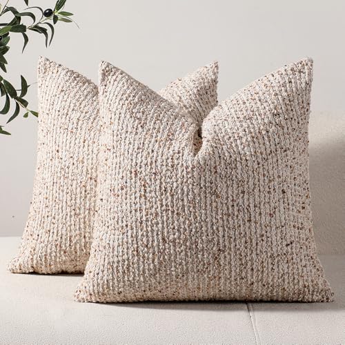 DEZENE Striped Throw Pillow Covers 16x16 Set of 2 Beige Textured Boucle Chic Morden Boho Accent Farmhouse Square Decorative Couch Pillow Covers for Home Decor Bed Sofa Living Room - Image 1