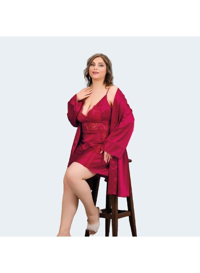 LADY قميص نوم نسائي أحمر ساتان مع روب دانتيل – لانجري نسائي وملابس نوم نسائية برقبة V - Image 4