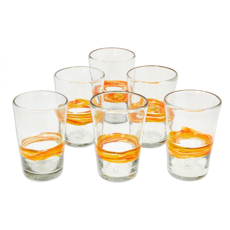 NOVICA Artisan Crafted Yellow Clear Hand Blown Recycled Glass Juice Glasses 15 Oz Ribbon Of Sunshine Set Of 6