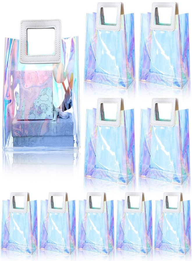 CHENGU 10 Pcs Iridescent Bags Holographic Clear Gift Reusable Birthday Handbag PVC 7x8x4 Inch Wrap Shopping Handle Bags Bulk Summer Waterproof Transparent Tote for Women Wedding Bachelorette Party - Image 1