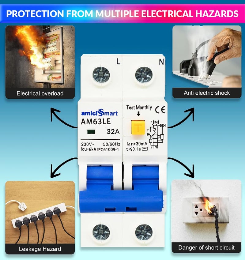 amiciSmart 32A Circuit Breaker with Over Current, Shock Proof, with On/Off Switch for Leakage Protection, 220VAC - Image 4