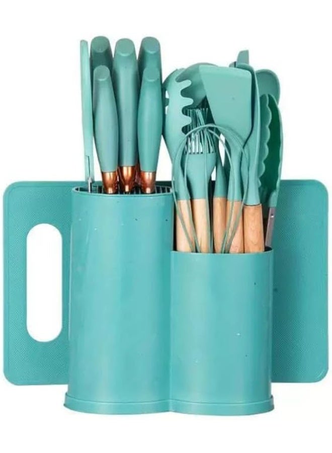 Spaceshoop 19 Pcs Kitchen Utensils Spatula Knife Kitchen Spoon Gadgets Kitchen Gadgets Silicone Whisk Accessory Wooden Stand (turquoise ) - Image 1