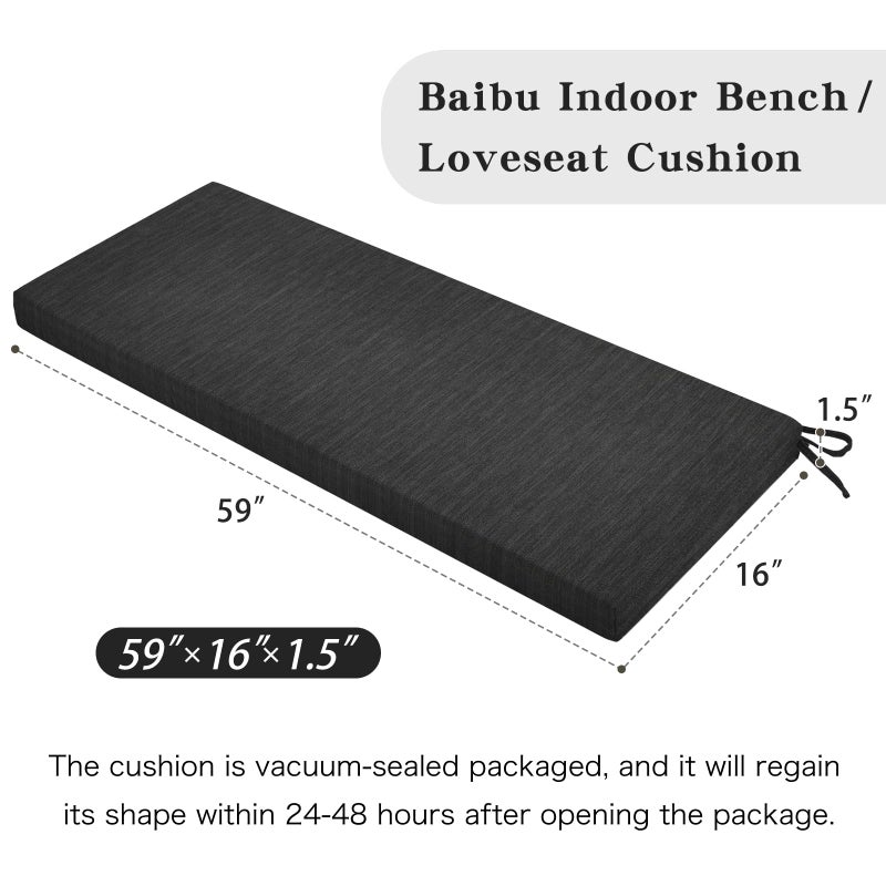 baibu 59 Inch Classic Solid Color Bench Cushion with Ties, Non-Slip Indoor Rectangle Bench Seat Cushion Standard Size Foam Pad with Machine Washable Cover (Black, 59x16x1.5Inch) - Image 3