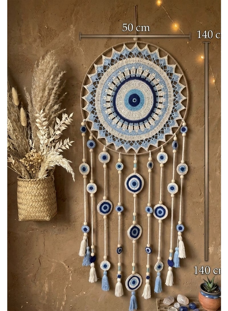 Handmade Macrame Round Dreamcatcher Wall Hanging, Boho Crochet Mandala, Dream Blue, Turquoise, Off-white, Brown Frame, Vintage, 50 cm Width (Dream Blue Eye, Large Size ) - Image 3
