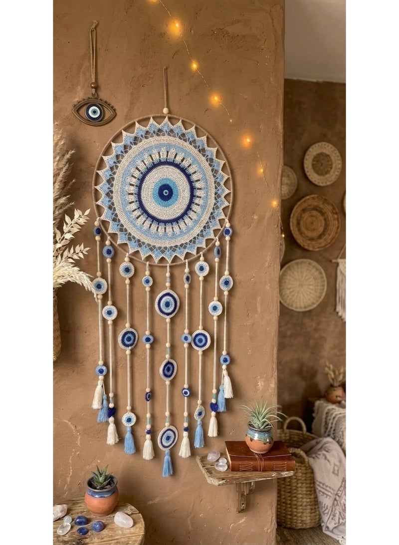 Handmade Macrame Round Dreamcatcher Wall Hanging, Boho Crochet Mandala, Dream Blue, Turquoise, Off-white, Brown Frame, Vintage, 50 cm Width (Dream Blue Eye, Large Size ) - Image 2