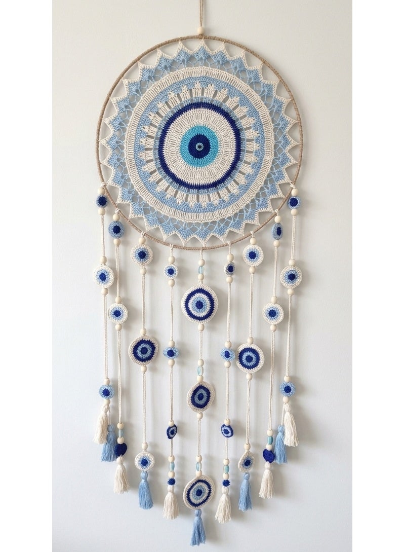 Handmade Macrame Round Dreamcatcher Wall Hanging, Boho Crochet Mandala, Dream Blue, Turquoise, Off-white, Brown Frame, Vintage, 50 cm Width (Dream Blue Eye, Large Size ) - Image 4