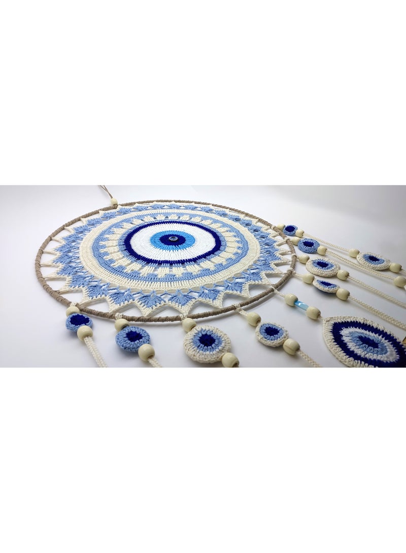 Handmade Macrame Round Dreamcatcher Wall Hanging, Boho Crochet Mandala, Dream Blue, Turquoise, Off-white, Brown Frame, Vintage, 50 cm Width (Dream Blue Eye, Large Size ) - Image 5