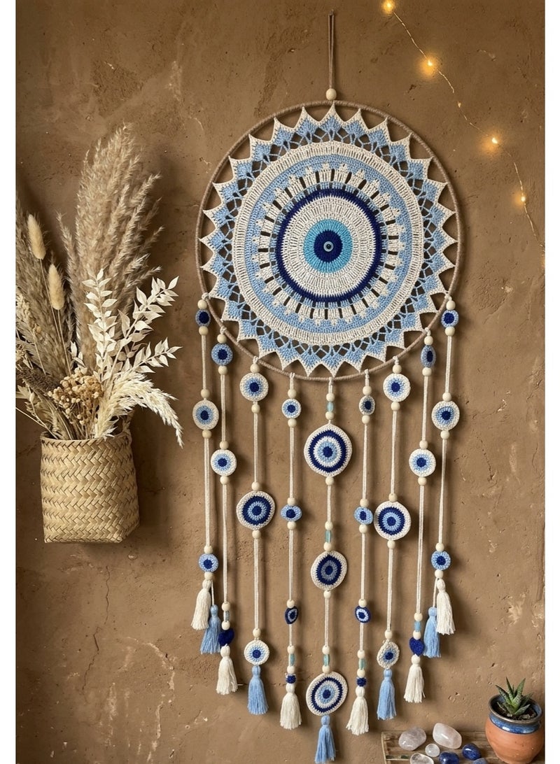Handmade Macrame Round Dreamcatcher Wall Hanging, Boho Crochet Mandala, Dream Blue, Turquoise, Off-white, Brown Frame, Vintage, 50 cm Width (Dream Blue Eye, Large Size ) - Image 1