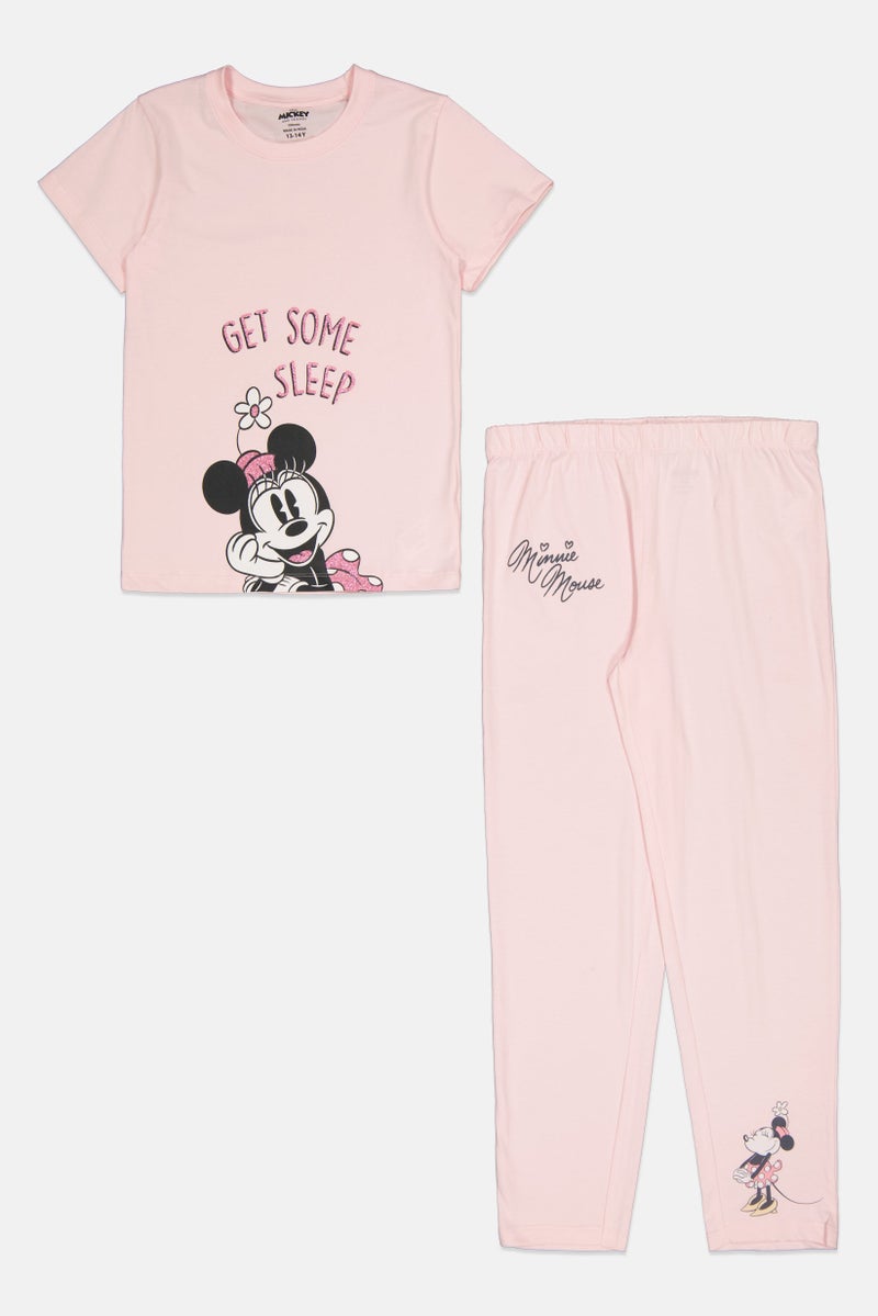 Disney Kids Girl 2 Pcs Mickey And Friends Top And Bottom Pajama Set, Pink - Image 1