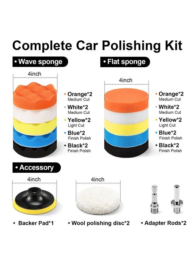 GOH DODD Car Foam Drill Polishing Pad Kit, 4 inch 24 Pieces Polisher Buffing Pads, Wool Pads, Backing Plate, M10 Drill Adapter for Washing, Cleaning & Waxing - Image 2