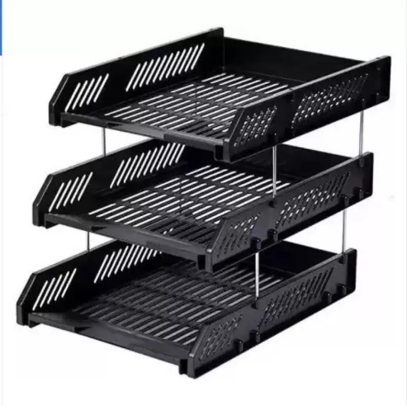 Luximal 3 Layer Foldable File Rack | ABS Plastic Office Desk Organizer Tray | Files & Paper Storage Divider Shelf for Office & Home | Tiered Document Holder (Black, Blue, White) (1, BLACK) - Image 1
