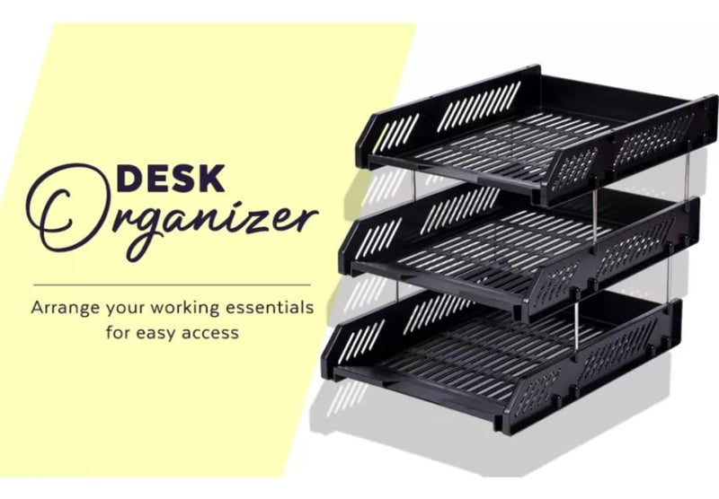 Luximal 3 Layer Foldable File Rack | ABS Plastic Office Desk Organizer Tray | Files & Paper Storage Divider Shelf for Office & Home | Tiered Document Holder (Black, Blue, White) (1, BLACK) - Image 5