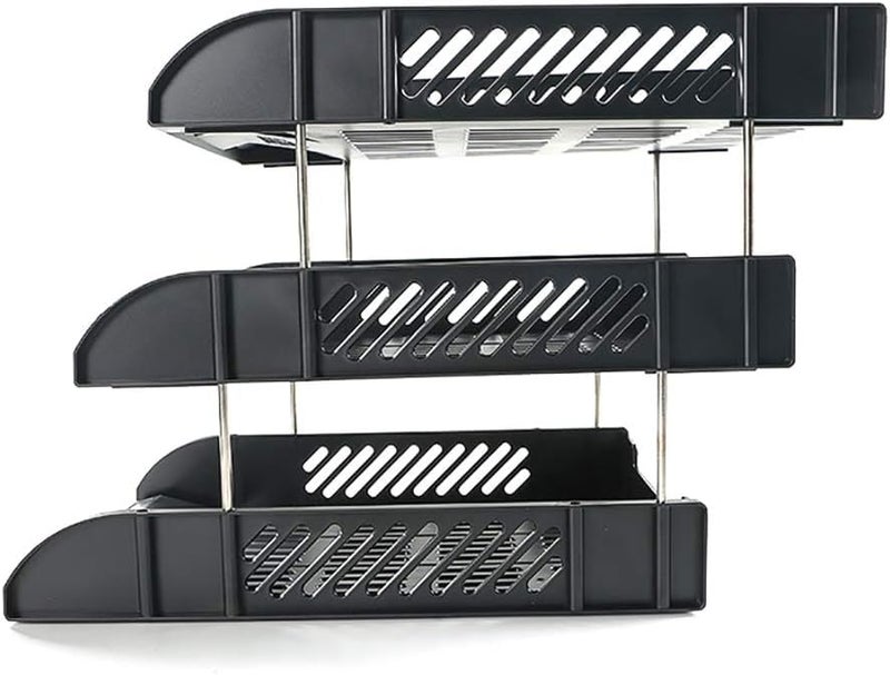 Luximal 3 Layer Foldable File Rack | ABS Plastic Office Desk Organizer Tray | Files & Paper Storage Divider Shelf for Office & Home | Tiered Document Holder (Black, Blue, White) (1, BLACK) - Image 4