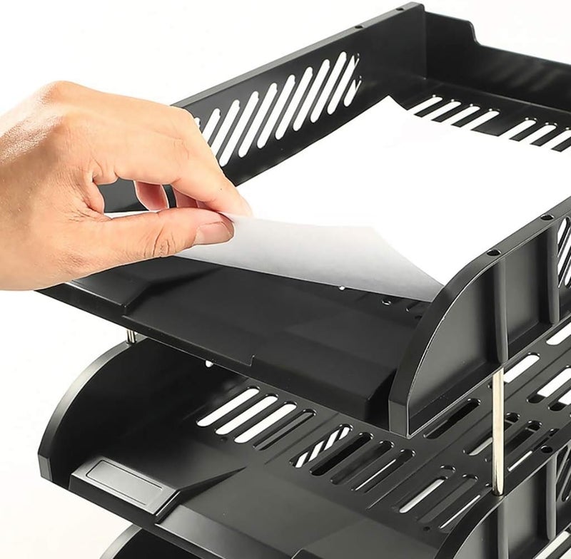 Luximal 3 Layer Foldable File Rack | ABS Plastic Office Desk Organizer Tray | Files & Paper Storage Divider Shelf for Office & Home | Tiered Document Holder (Black, Blue, White) (1, BLACK) - Image 2