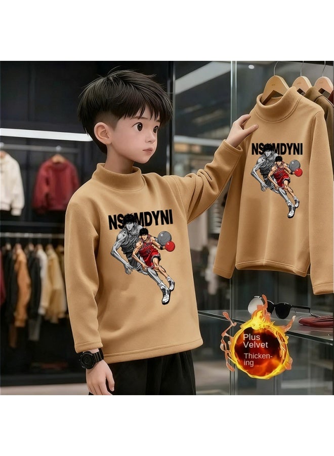 Boys And Girls' Thick Half High Neck Velvet Bottom Shirt, Autumn And Winter New Warm Baby Long Sleeve T-shirt