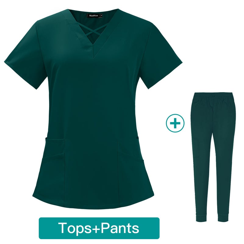Womens Summer Thin Medical Scrubs Set Breathable 42026-LW dark green 