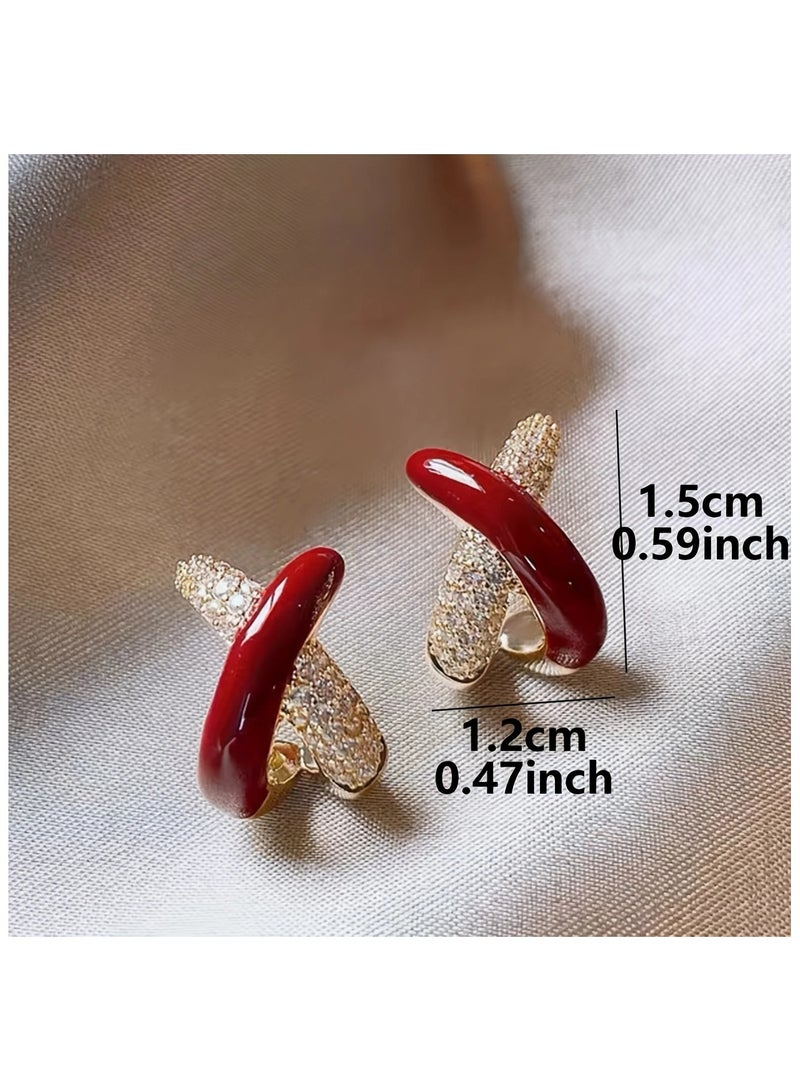 1 Pair of Elegant Women’s Hoop Earrings - Retro Red Glass & Zinc Alloy Design with Sparkling Accents, Perfect for Casual Attire or Parties, Everyday Jewelry | Elegant Accessories | Intricate Design, Novelty Earrings  - Image 5