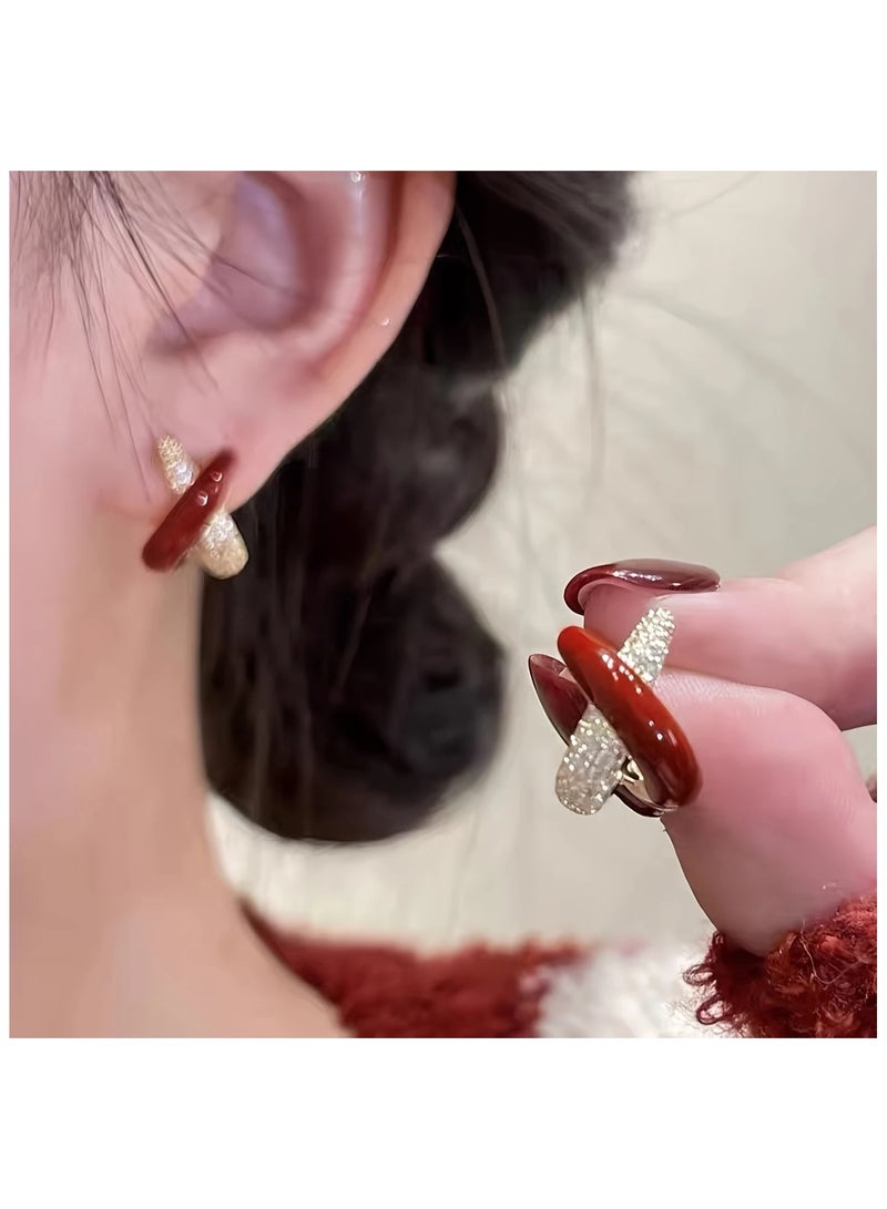 1 Pair of Elegant Women’s Hoop Earrings - Retro Red Glass & Zinc Alloy Design with Sparkling Accents, Perfect for Casual Attire or Parties, Everyday Jewelry | Elegant Accessories | Intricate Design, Novelty Earrings  - Image 1