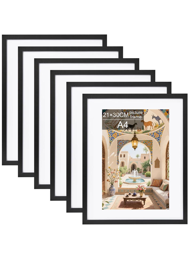 Oasisgalore A4 Picture Frame Set of 6, Display Pictures 15x20CM with Mat or 21x30CM Without, Wall Gallery Poster Frames, Black - Image 1