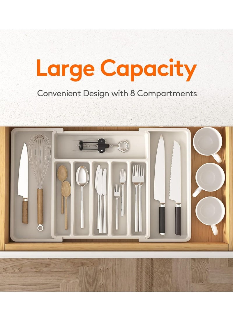 Generic - Large Expandable Silverware Tray White Classic Collection 8 Compartments Icons To Help Sort Flatware Cutlery Utensils Soft Grip Lining Bpa Free (White) - Image 1