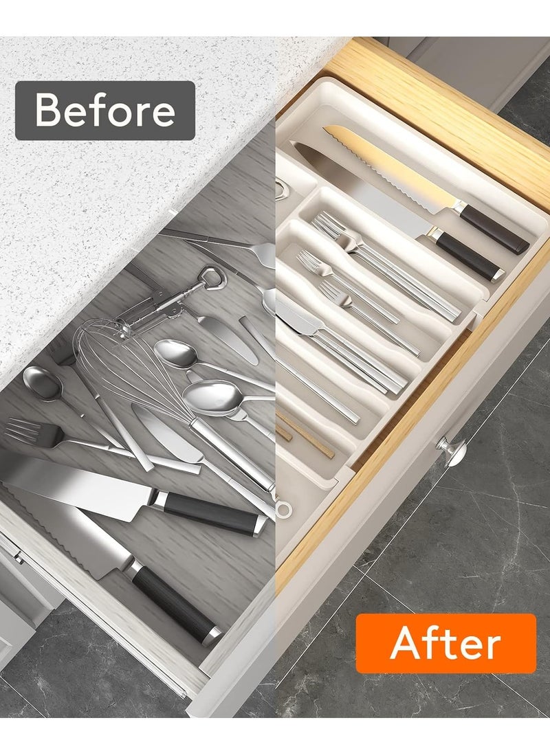 Generic - Large Expandable Silverware Tray White Classic Collection 8 Compartments Icons To Help Sort Flatware Cutlery Utensils Soft Grip Lining Bpa Free (White) - Image 1