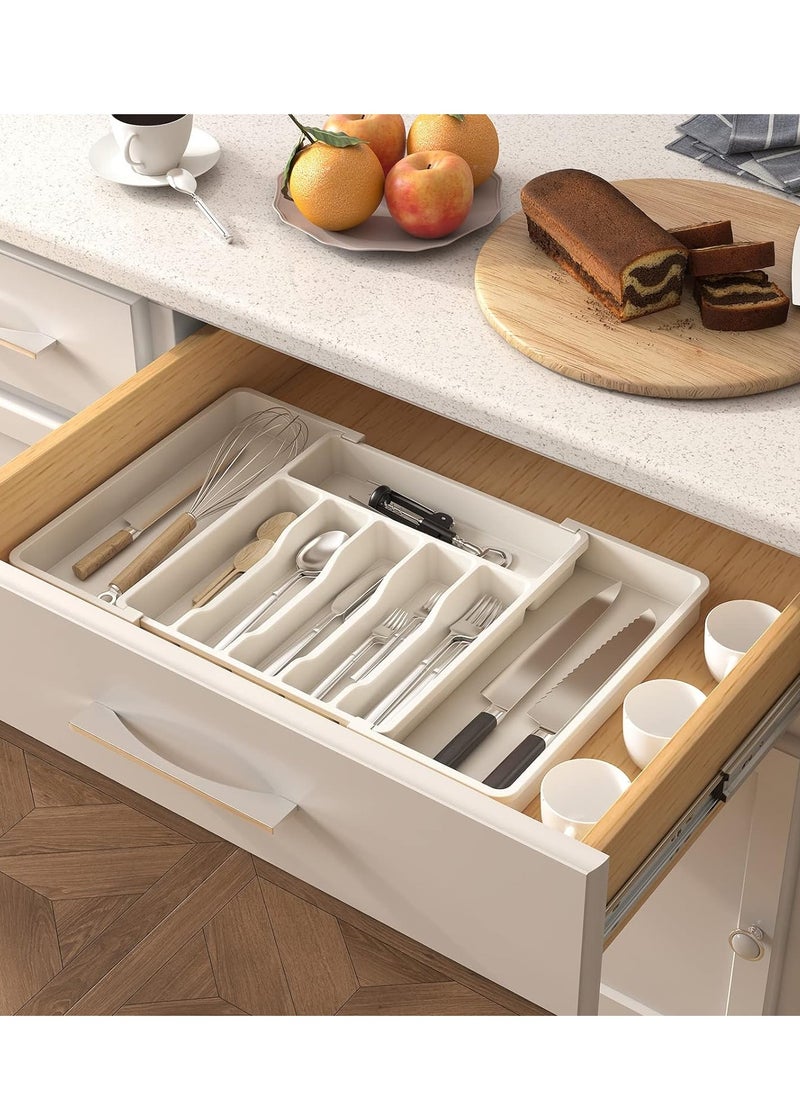 Generic - Large Expandable Silverware Tray White Classic Collection 8 Compartments Icons To Help Sort Flatware Cutlery Utensils Soft Grip Lining Bpa Free (White) - Image 1
