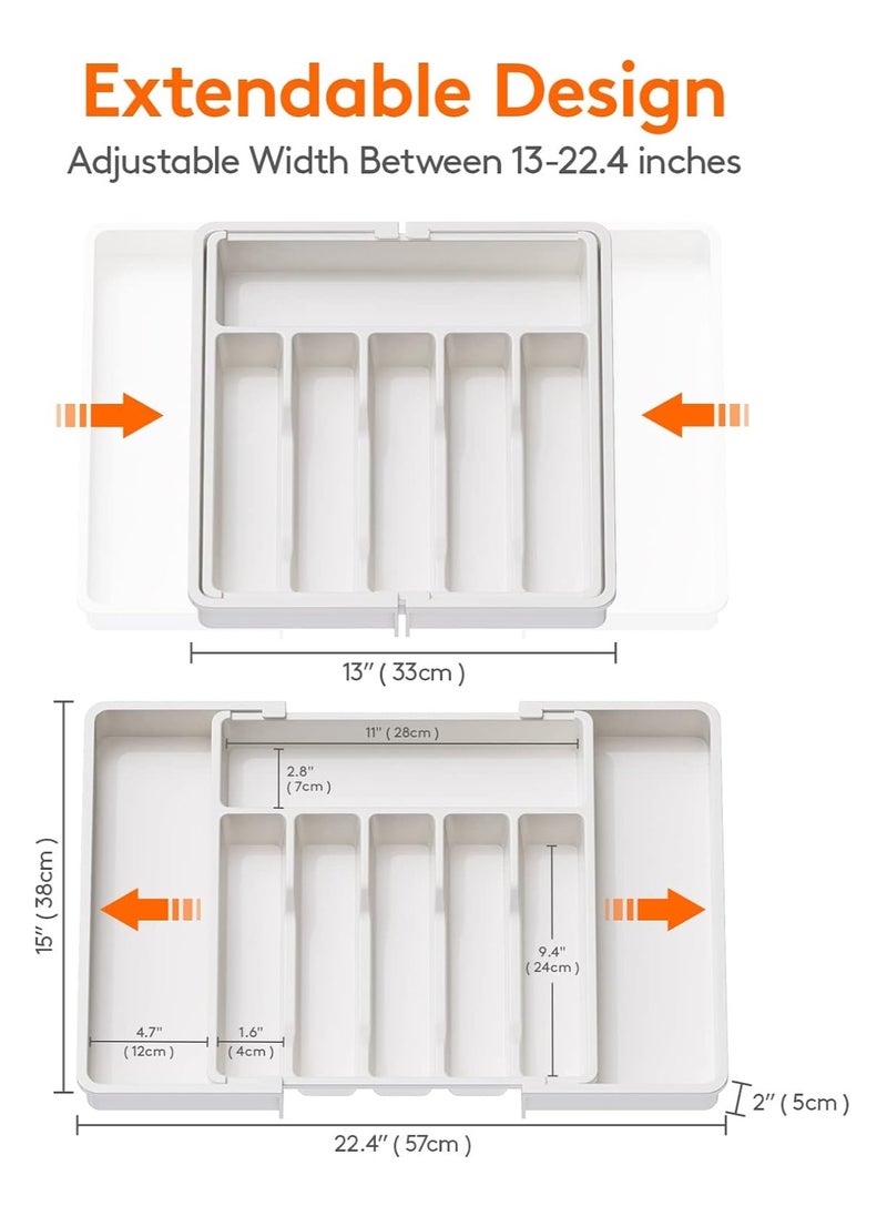 Generic - Large Expandable Silverware Tray White Classic Collection 8 Compartments Icons To Help Sort Flatware Cutlery Utensils Soft Grip Lining Bpa Free (White) - Image 1