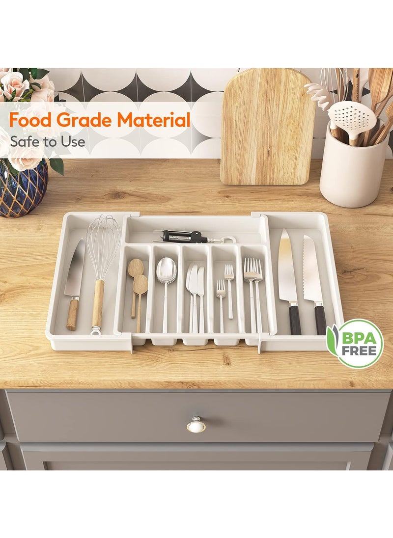 Generic - Large Expandable Silverware Tray White Classic Collection 8 Compartments Icons To Help Sort Flatware Cutlery Utensils Soft Grip Lining Bpa Free (White) - Image 1