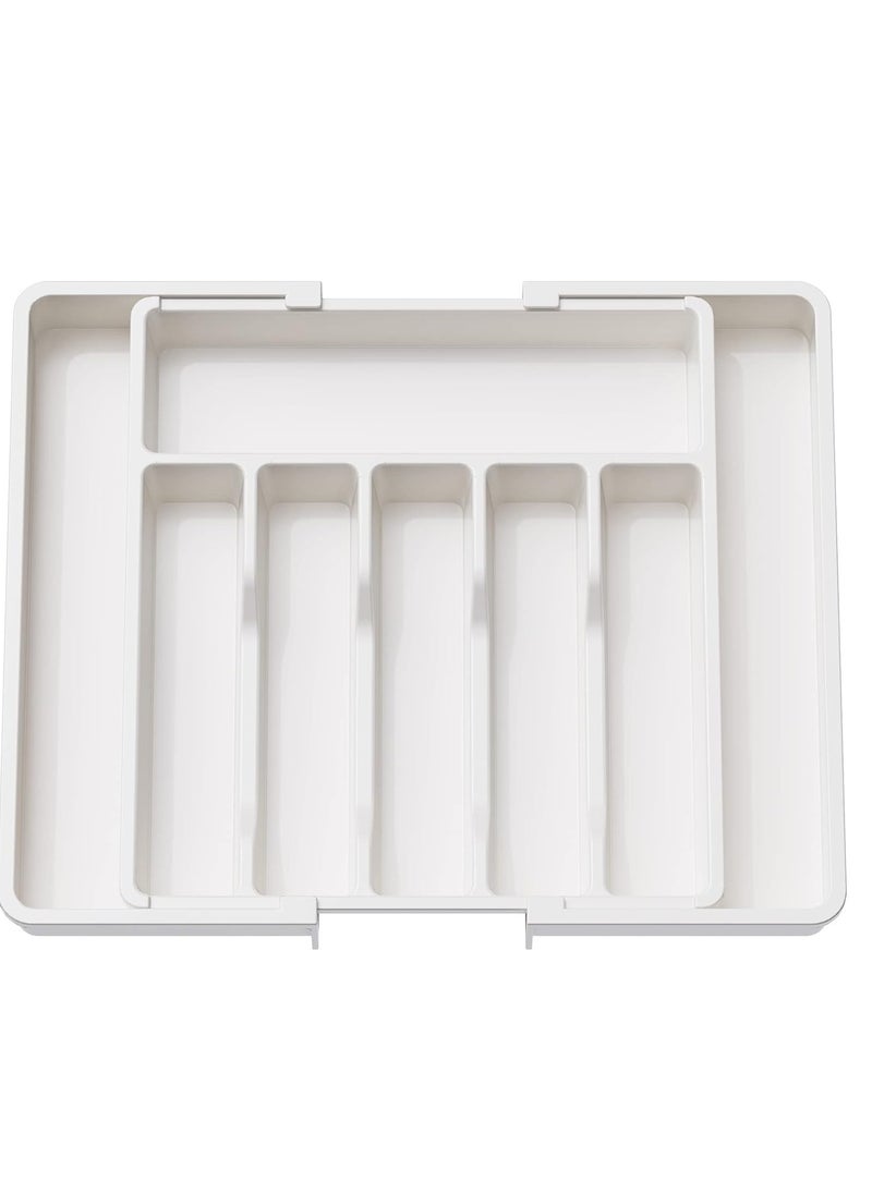 Generic - Large Expandable Silverware Tray White Classic Collection 8 Compartments Icons To Help Sort Flatware Cutlery Utensils Soft Grip Lining Bpa Free (White) - Image 1