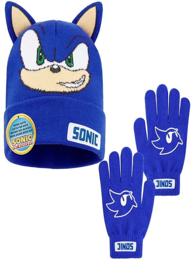 Sonic The Hedgehog Beanie and Gloves Set for Boys, Ages 4–12, Soft Knit Winter Hat and Winter Gloves, Gamer Gifts for Boys (4-12 Years, Blue Sonic, 2) - Image 1