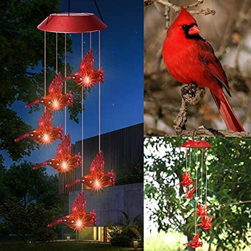 Milcraft Solar Cardinal Red Bird Wind Chime SolarPowered Mobile Hanging Patio Lights with 6 Vivid HummingbirdsMultiColor Changing LED Garden Decoration for Home Party Night Garden Decoration