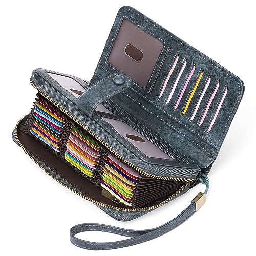 GAEKEAO Leather Credit Card Holder Wallet for Women RFID Blocking Large Capacity Bifold Zipper Card Case Organizer with Wristlet 45 Slots - Image 1