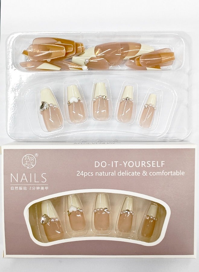 NIBEMINENT 24 قطعة أظافر صناعية، أظافر صناعية في علبة، أظافر صناعية طويلة ومسطحة على شكل رأس مسطح بلون أبيض لامع، أحجار الزركون اللؤلؤية على شكل قلب، رقعة أظافر صناعية - Image 3