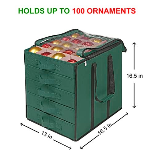 ProPik Christmas Ornament Storage Boxes with Dividers - 5 Separate Trays - Ornament Holder - Keeps 100 Holiday Ornaments - Durable Carrying Bag Handles Organizer Storage Box (Green) - Image 4
