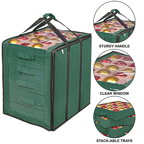 ProPik Christmas Ornament Storage Boxes with Dividers - 5 Separate Trays - Ornament Holder - Keeps 100 Holiday Ornaments - Durable Carrying Bag Handles Organizer Storage Box (Green) - Image 3