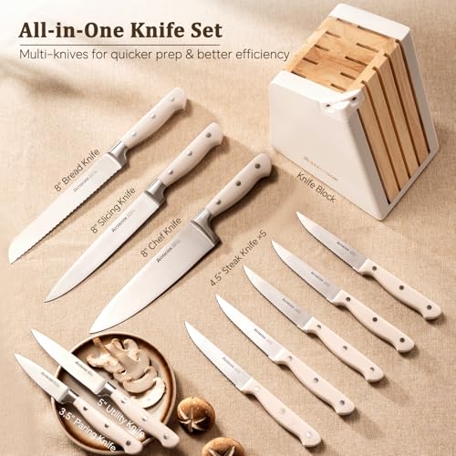 Astercook Knife Set, Kitchen Knife Set with Block and Sharpener, 12 Pcs Ultra-Sharp High Carbon Stainless Steel Knife Block Set with Non-Slip Full Tang Ergonomic Handle, Cream White Cutlery Set - Image 2