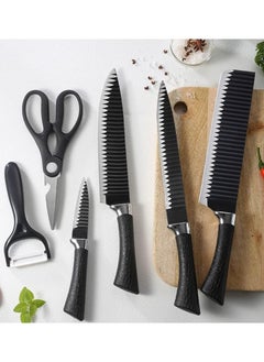 Generic Stainless Steel Knife Set (6 Pieces Black) - Kitchen Knife Set with Peeler and Scissors - Lightweight Non-Stick Kitchen Knives with Comfortable Handle Includes Chef Knife, Slicing Knife, Paring Knife, Vegetable Peeler and Scissors  - Image 1