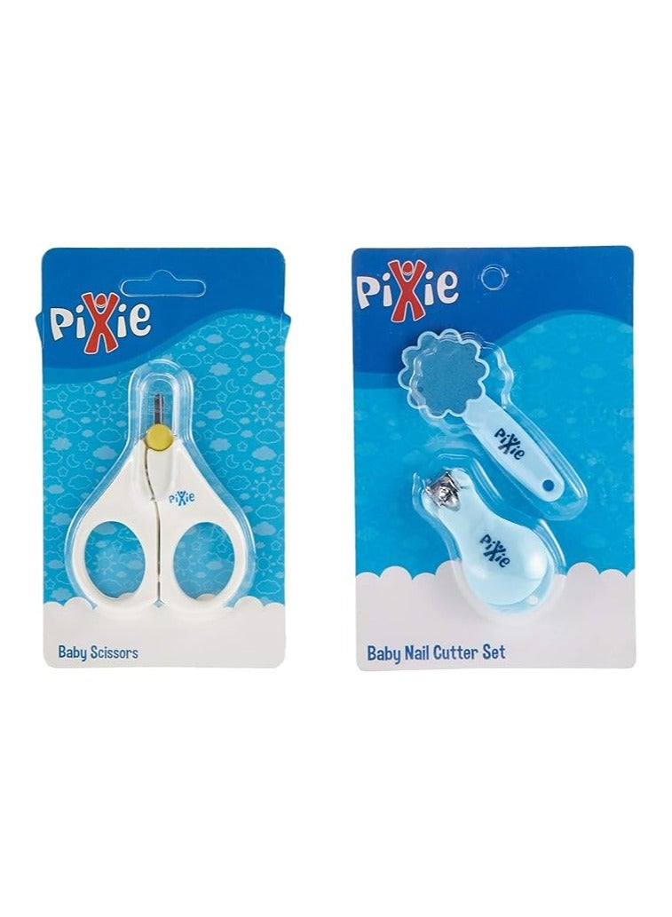 Pixie Combo Pack Nail Cutter & File - Blue + Baby Scissors - White - Image 1