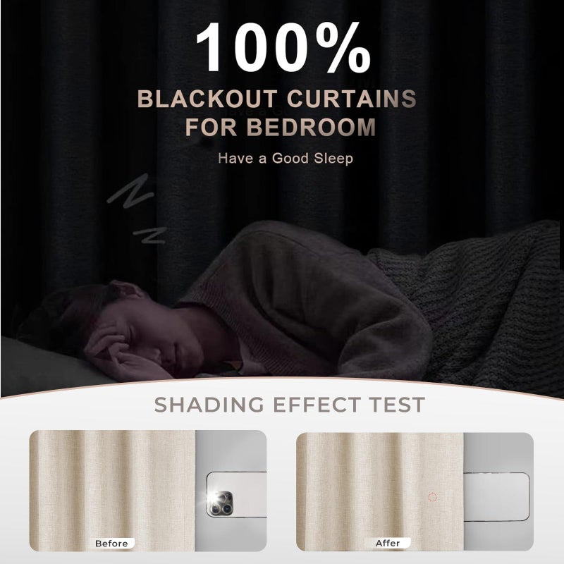 INOVADAY 100% Blackout Cream Curtains 90 Inches Long 2 Panels Set  Thermal Insulated Linen Blackout Curtains for Bedroom  Back Tab/Rod Pocket Curtains & Drapes for Living Room - Cream  W50 X L90 - Image 2