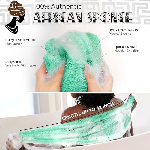 RelaxScene African Net Sponge Authentic -2 Pieces Exfoliating Scrubber for All Skin Types - Bath Washcloth Back Scrub for Shower - Body Exfoliator Sponge for Face & Body Care (Olive Green & Seawave) - Image 5