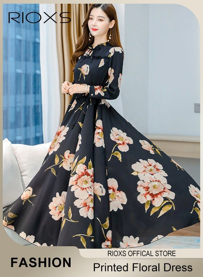 RIOXS Women's Floral Maxi Dress, Classic Pleated Long Sleeve Dress with Beautiful Floral Print and Waist Self-tie, Elegant A-Line Boho Dress for Ladies, Perfect Dress for Casual, Wedding, Party and Daily Life  - Image 1