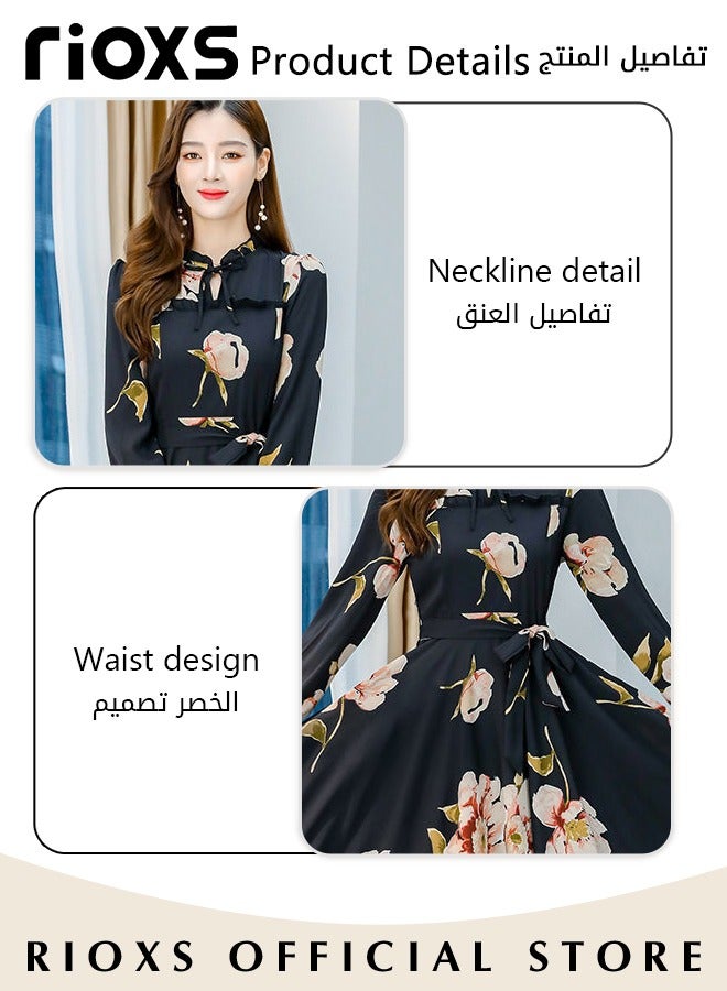 RIOXS Women's Floral Maxi Dress, Classic Pleated Long Sleeve Dress with Beautiful Floral Print and Waist Self-tie, Elegant A-Line Boho Dress for Ladies, Perfect Dress for Casual, Wedding, Party and Daily Life  - Image 5
