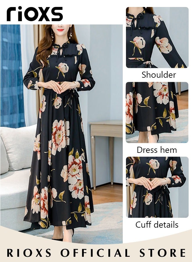 RIOXS Women's Floral Maxi Dress, Classic Pleated Long Sleeve Dress with Beautiful Floral Print and Waist Self-tie, Elegant A-Line Boho Dress for Ladies, Perfect Dress for Casual, Wedding, Party and Daily Life  - Image 4