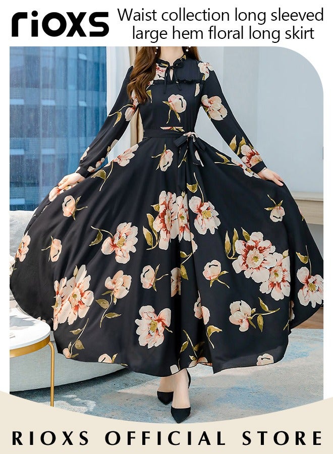 RIOXS Women's Floral Maxi Dress, Classic Pleated Long Sleeve Dress with Beautiful Floral Print and Waist Self-tie, Elegant A-Line Boho Dress for Ladies, Perfect Dress for Casual, Wedding, Party and Daily Life  - Image 2