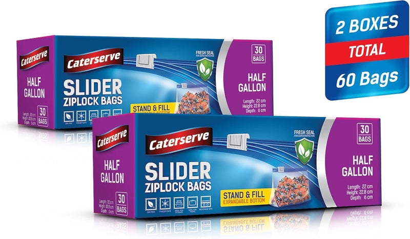 Caterserve Half Gallon Slider Ziplock Bags | Freezer Safe, Airtight Seal, Reusable Food Storage, Clear Plastic, Ideal for Snacks, Lunches, and Meal Prep Half Gallon - 60Bags - Image 1